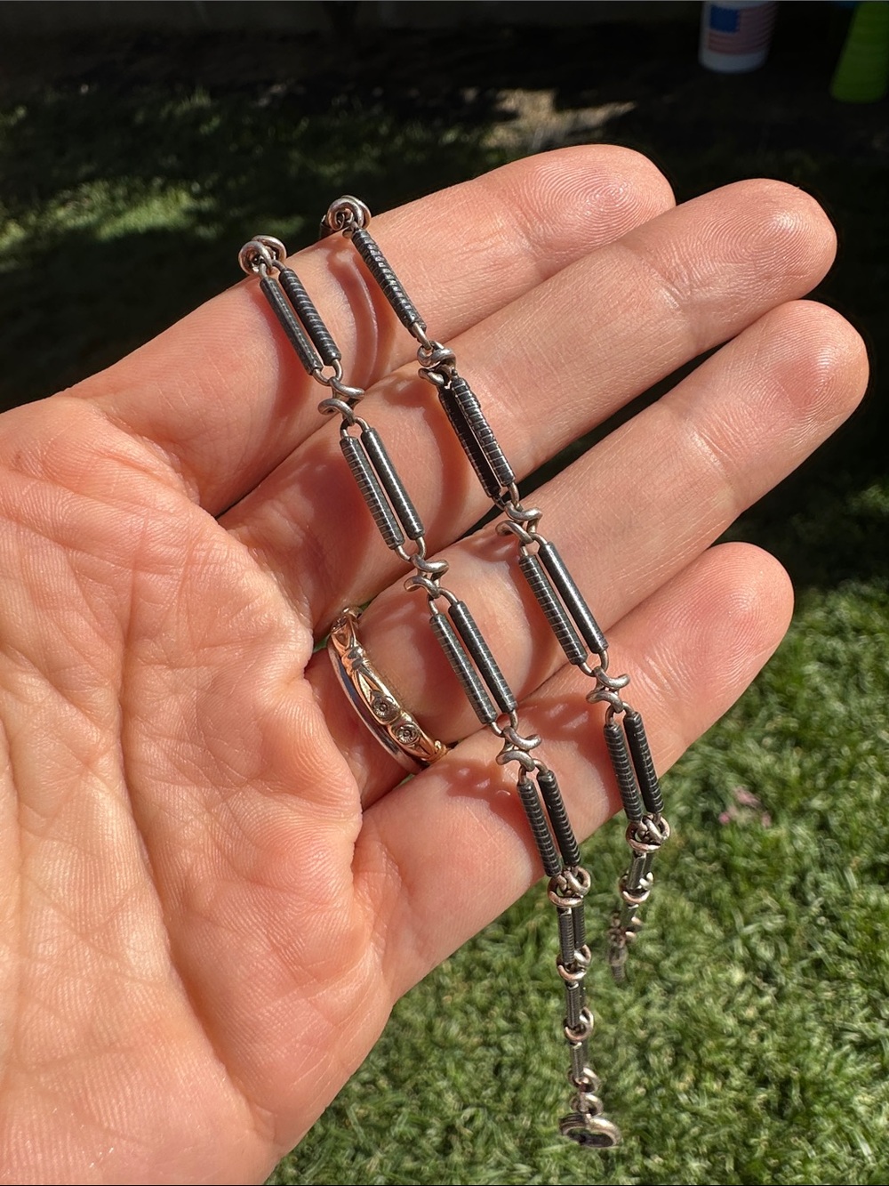 Antique Silver Niello Bar Link Watch Chain/Watchchain - 17.25”